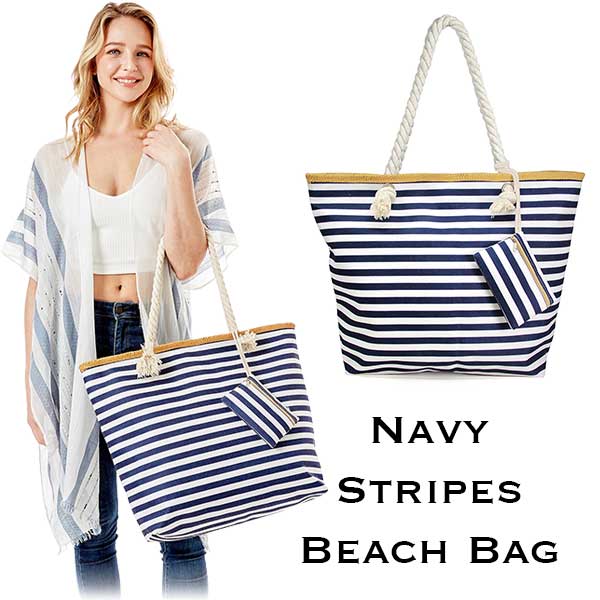 2917 - Rope Handle Tote Bags - 317 - Navy Stripes - Bag with Matching WALLET