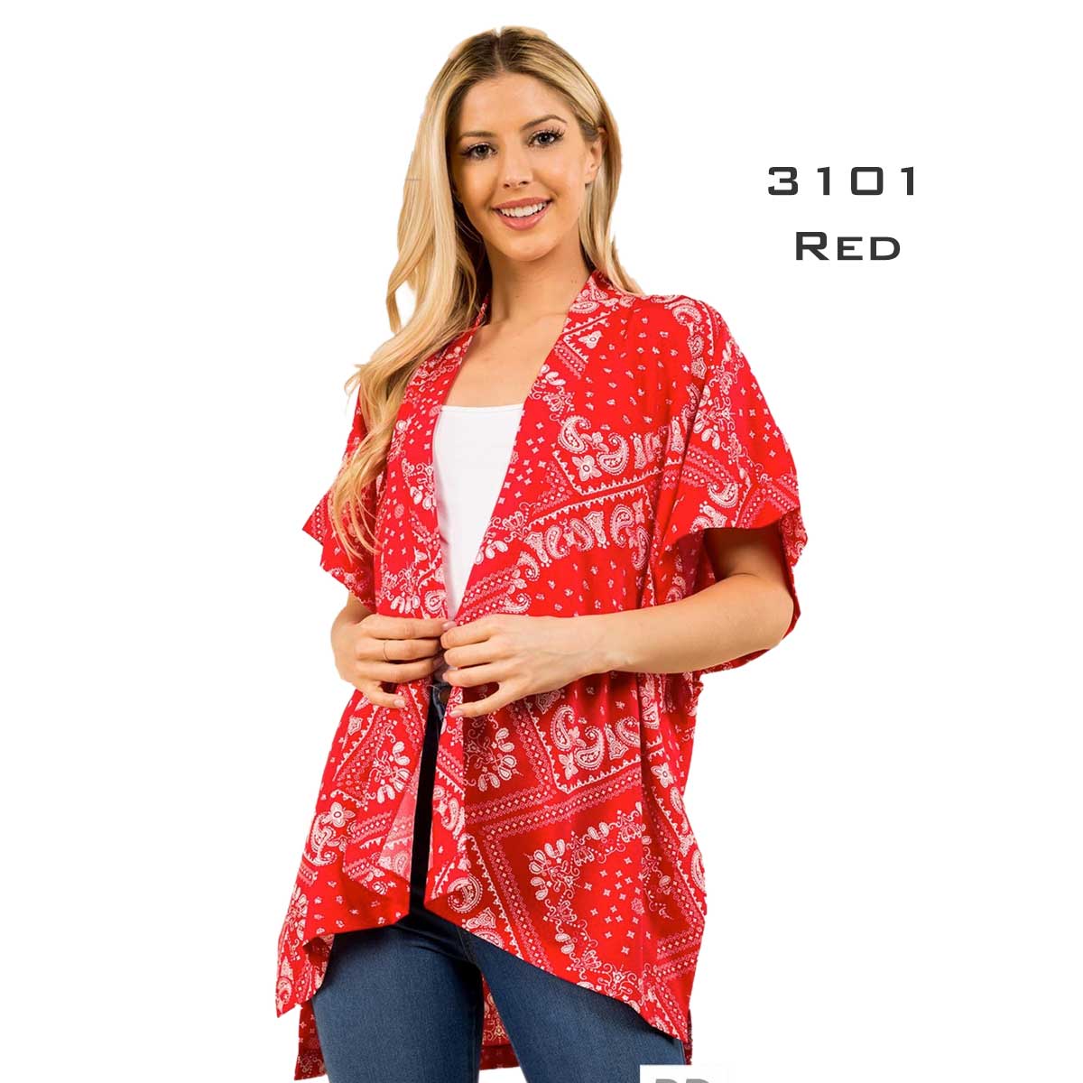 3101  (G)- Paisley BANDANA Print Kimonos  - BANDANA Red
