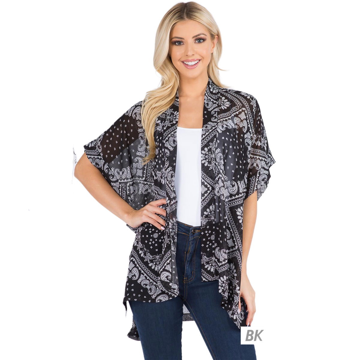 3101  (G)- Paisley BANDANA Print Kimonos  - BANDANA Black