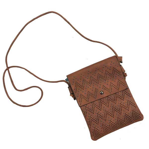 3674 - Vegan Leather Bags - 2005 - Brown - Laser Cut Studded Crossbody Bag