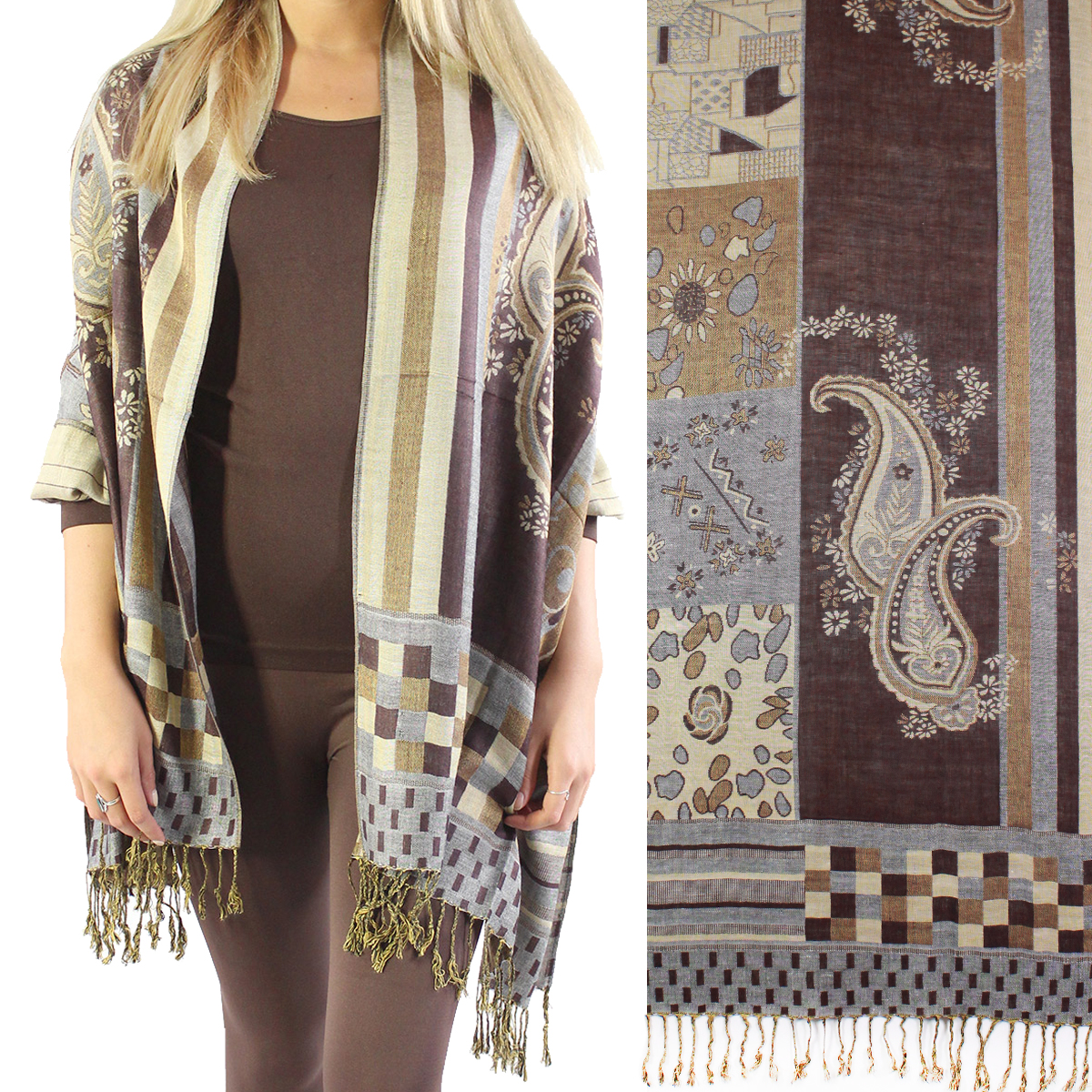 773/T - PASHMINA Style Shawls - Medley Print - Brown-Grey MB